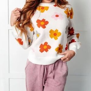 Storia White Sweater with Orange and Pink Floral Design